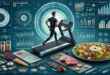 A man on a treadmill with an infographic about calories and macronutrients.