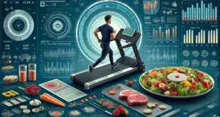 Hombre en una cinta de correr con infografías sobre calorías y macronutrientes.