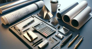 Современный архитектурный рабочий стол с калькулятором, чертежами, и моделями объемов для инженерных расчетов.