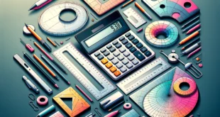 High resolution image with a variety of modern measuring tools including a digital calculator, transparent rulers, angle and geometric shapes on a bright, colorful background suitable for surface area calculator homepage.