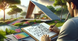 Человек, рисующий современный треугольный дом с использованием теоремы Пифагора на природе