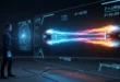 Специалист анализирует 3D-визуализацию ускорения, используя онлайн-калькулятор для расчета по формуле скорости и силы.