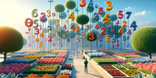 Горизонтальное изображение сада с математической тематикой, где цветники и деревья украшены символами квадратных корней и чисел, с человеческой фигурой, размышляющей о числах, на фоне солнечного неба.