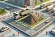 Baustelle an einer Kreuzung mit einer Erdpyramide und einer Berechnung der Fläche eines Dreiecks.