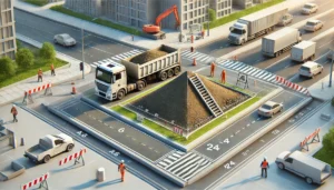 Строительная площадка на перекрестке с пирамидой из земли и расчётом площади треугольника.