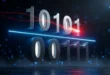 3D-визуализация бинарного вычитания, показывающая операцию заёма красной линией энергии между двоичными числами 10101 и 00111.