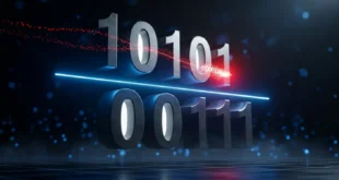 3D-визуализация бинарного вычитания, показывающая операцию заёма красной линией энергии между двоичными числами 10101 и 00111.