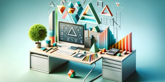 Современное рабочее пространство с калькулятором прямоугольных треугольников на экране компьютера, окружённое геометрическими фигурами и зелёным растением.