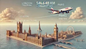 Расстояние между точками Самолет, летящий между Лондоном и Парижем, с указанием расстояния в 346,4187 км.