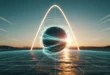 3D-визуализация траектории полёта снаряда с отображением аэродинамических сил и параболической дуги на фоне цифровой сетки.