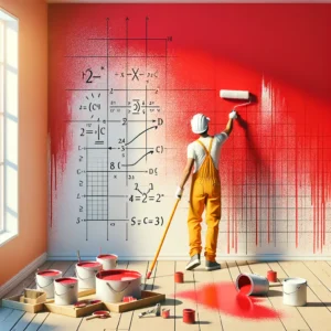 Человек в жёлтом комбинезоне красит стену в красный цвет, рядом стоят банки с краской и математические уравнения на прозрачной доске.