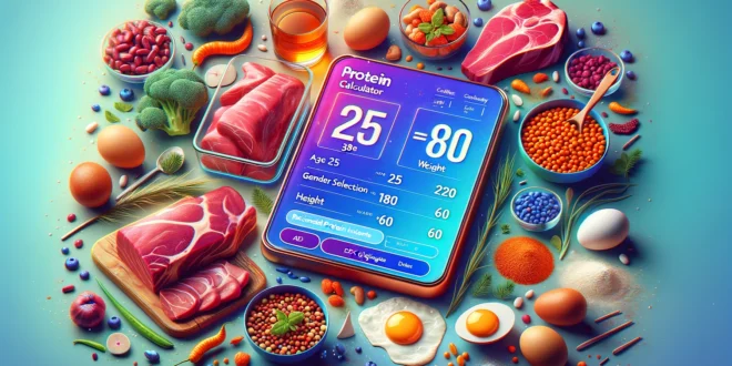 Интерфейс цифрового белкового калькулятора с реалистичными иллюстрациями продуктов питания