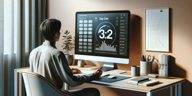 Человек работает на компьютере с интерфейсом калькулятора дней в современном домашнем офисе