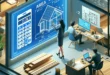 Изометрическая иллюстрация офиса архитектурного бюро с цифровым дисплеем для расчёта площади и работниками, занимающимися проектом.