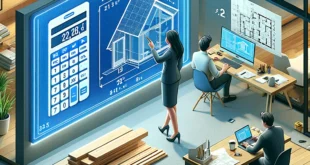 Изометрическая иллюстрация офиса архитектурного бюро с цифровым дисплеем для расчёта площади и работниками, занимающимися проектом.