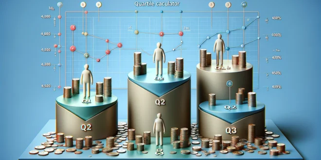 Горизонтальное изображение калькулятора квартилей с четырьмя платформами и монетами, представляющими разные данные.