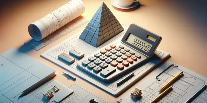 Горизонтальный дизайн рабочего стола с калькулятором и пирамидой для вычисления объема.