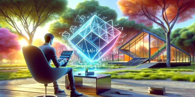 Современный дизайнер использует калькулятор теоремы Пифагора на планшете в парке, с футуристическим домом на заднем плане и голографической проекцией формулы.