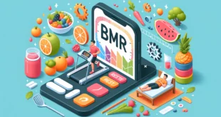 Интерактивный калькулятор базального метаболизма с изометрической иллюстрацией, включающей человека на беговой дорожке, отдыхающего в постели, здоровой пищи и шестеренок с аббревиатурой BMR.