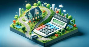 Изометрическая иллюстрация калькулятора ипотечных платежей на фоне дома на холме с визуализацией пути погашения ипотеки