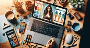 Женщина-дизайнер работает за современным ноутбуком на расчет калькулятора типов телосложения, окруженная стильными канцелярскими принадлежностями и иллюстрациями разных типов фигур.