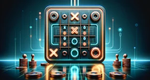 Современная игра крестики-нолики с электронной доской и светящимися символами X и O на гармоничном фоне