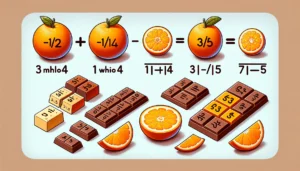 Изображение показывающее преобразование смешанных чисел в неправильные дроби с помощью цитрусовых и шоколада, с подписями и стрелками, указывающими на математические операции.