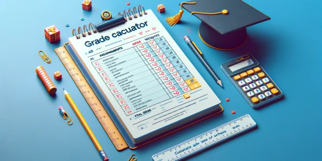 Горизонтальное изображение современного калькулятора оценок с тетрадью, карандашами, выпускным беретом и калькулятором на голубом фоне