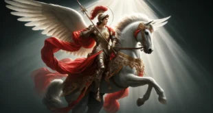 Ein Bild des Erzengels Michael in voller Kampfausrüstung, auf einem weißen Pferd mit Flügeln, das Schutz und Stärke symbolisiert.