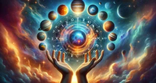 Die Hände eines Mannes ragen in den Himmel, umgeben von Tierkreiszeichen und Planeten vor dem Hintergrund eines Sternenhimmels und eines Nebels.