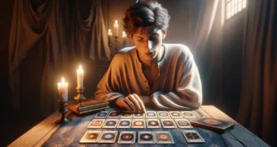 Joven leyendo cartas Simbolon sobre una mesa de madera en una acogedora habitación iluminada por velas.