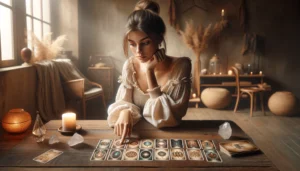 Tarot “Magic Forest” - will my wish come true A young girl is concentrating on Tarot cards at a table in a cozy room.