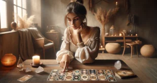 Una joven examina atentamente las cartas del Tarot en una mesa de una acogedora habitación.