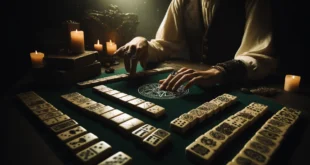 Domino-Wahrsagerei in mystischer Umgebung mit verstreuten Dominosteinen auf einem grünen Samttisch bei Kerzenschein.