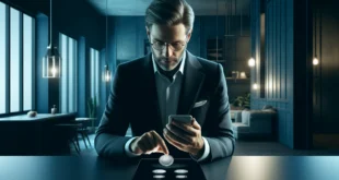 Un hombre de mediana edad utiliza una aplicación de lanzamiento de monedas en su teléfono inteligente en una elegante oficina minimalista.