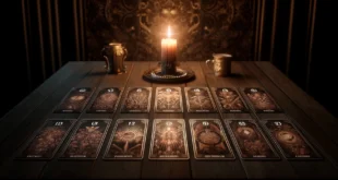 Tarotkartenlayout auf einem Holztisch bei Kerzenlicht.