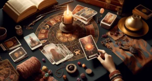 Tarot-Wahrsagerei für das nächste Jahr auf einem Tisch mit Karten, einer Kerze und einem Tierkreis.
