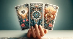 Eine menschliche Hand hält drei Tarotkarten mit reichhaltiger Symbolik, die die Zukunft vorhersagen.