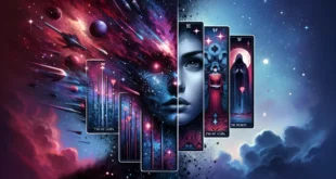 Космические Таро карты с лицом женщины и звездным небом.