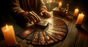 Wahrsagerei mit Designer-Spielkarten in mystischer Umgebung
