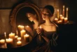 Девушка с зажжёнными свечами в тёмной комнате, отражение в антикварном зеркале.
