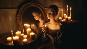 Молодая женщина с закрытыми глазами медитирует перед винтажным зеркалом, держа в руках зажженную свечу в теплом свете.