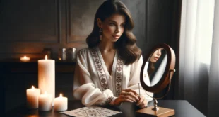 Женщина в современной блузке с традиционной вышивкой сидит за деревянным столом перед зеркалом, гадание на любовь при свечах.