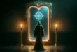 Мистическое изображение человека в мантии, стоящего перед светящимся зеркалом в темной комнате с свечами.
