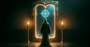 Мистическая фигура в плаще стоит перед роскошным волшебным зеркалом с горящими свечами в тускло освещенной комнате, создающей атмосферу загадочности.