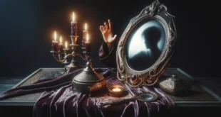 Реалистичная сцена гадания с антикварным зеркалом и свечами на фиолетовой скатерти