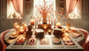 Изображение гадания на таро, посвященное любви и отношениям, с таро картами на столе в мягко освещенной комнате.