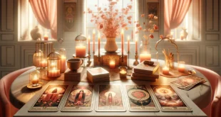Ein Bild einer Tarot-Lesung zum Thema Liebe und Beziehungen mit Tarotkarten auf einem Tisch in einem sanft beleuchteten Raum.