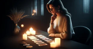 Eine Frau erzählt bei Kerzenschein mit Spielkarten Wahrsagerei.