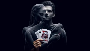 Двое людей в объятиях с игральными картами на темном фоне, символизирующими тайну отношений